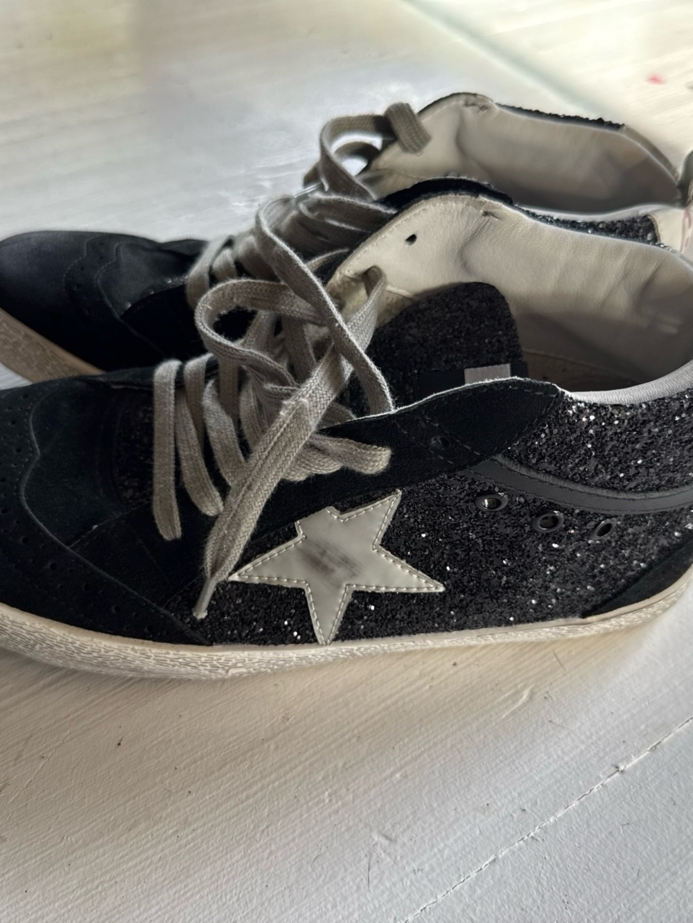 Golden Goose Mid Star Black Glitter Sneakers with Silver Star Accent